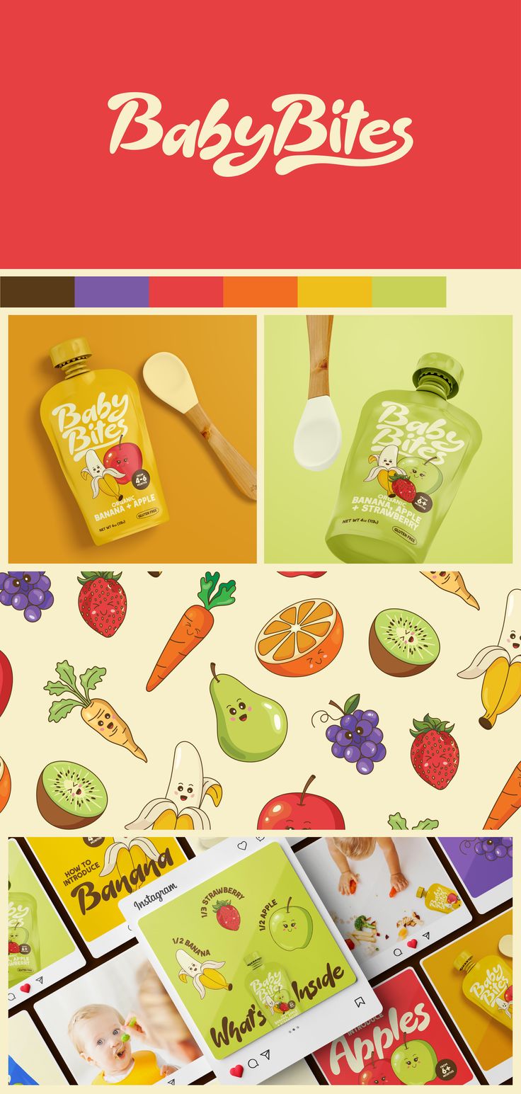 an advertisement for baby bites with pictures of fruits and vegetables on it, including brochures