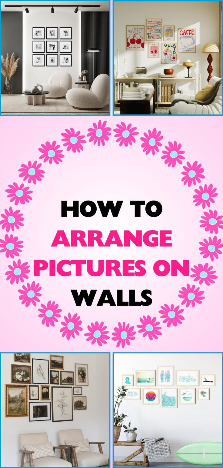 the words how to arrange pictures on walls are shown in pink, blue and white