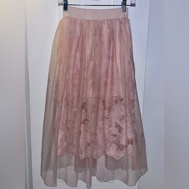 This Beautiful Skirt Has Never Been Worn. It’s Perfect For A Date Night, A Wedding Or A Summer Day Out! Sheer Lace Skirt For Spring, Sheer Maxi Skirt For Spring, Spring Sheer Mini Skirt, Spring Sheer Maxi Skirt, Spring Sheer Flowy Skirt, Sheer Feminine Skirt For Spring, Feminine Sheer Skirt For Spring, Sheer Pink Bottoms For Spring, Feminine Sheer Skirt For Parties