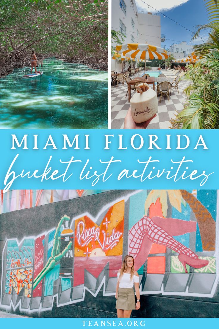 a woman standing in front of a mural with the words miami florida bucket list activities