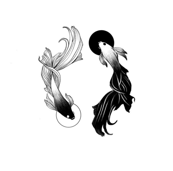 two black and white drawings of fish with long tails, one in the shape of a moon