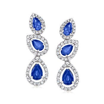 Ross-Simons - .90ct t. w. Sapphire, .49ct t. w. Diamond Drop Earrings in 14kt White Gold. Boasting a sophisticated look that completes your very best ensembles, these earrings are magnificent. Presenting bold .90 ct. t. w. pear-shaped sapphires, the drops are sparked by .49 ct. t. w. round brilliant-cut diamonds and set in 14kt white gold. Hanging length is 3/4". Post/clutch, diamond and sapphire drop earrings. Sapphire birthstones are the perfect gift for September birthdays. Formal Sapphire Dangle Diamond Earrings, Formal Pear-shaped Brilliant Cut Earrings, Sapphire Earrings With Pave Setting In Fine Jewelry Style, White Gold Sapphire Earrings With Pave Setting, Sapphire Earrings With Pave Setting, Formal Sapphire Diamond Earrings With Diamond Accents, Blue Pave Set Earrings For Formal Occasions, Formal Pear-shaped Cluster Earrings With Prong Setting, Formal Blue Pave Set Earrings