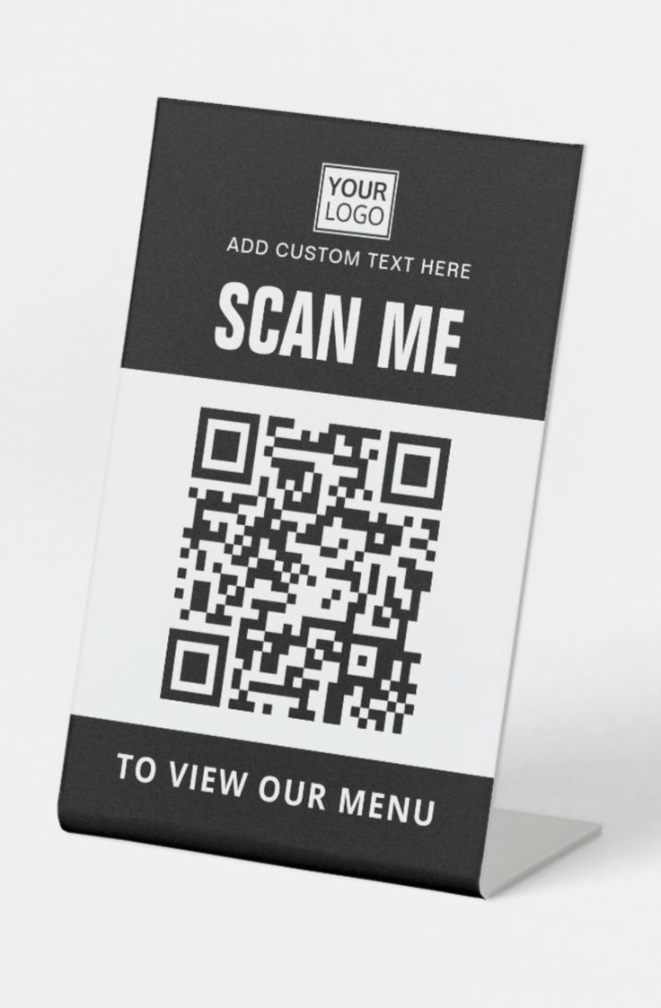 a black and white business card holder with qr - code on the front that says scan me to view our menu