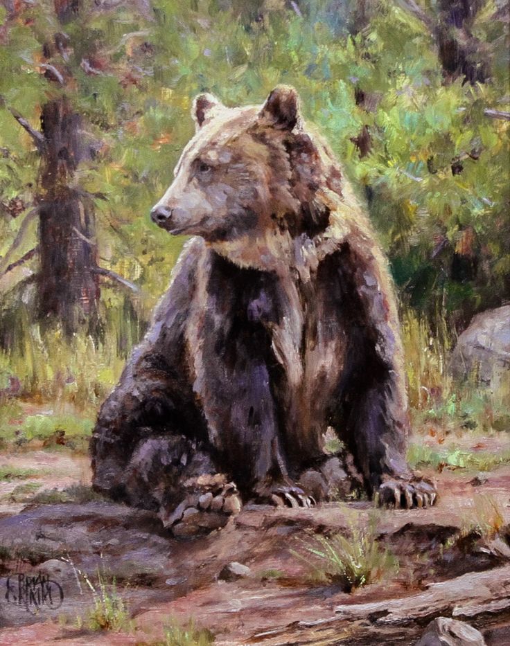 a painting of a bear sitting in the woods