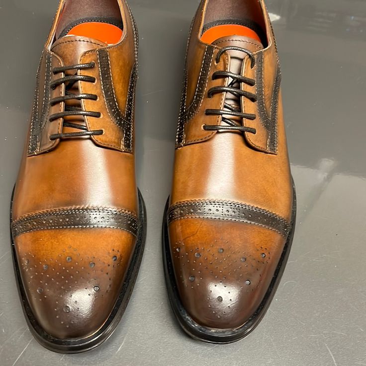 Cognac Dress Shoes Brown Leather Shoes For Spring Semi-formal, Elegant Leather Shoes For Derby In Spring, Elegant Derby Leather Shoes For Spring, Elegant Spring Derby Leather Shoes, Elegant Fitted Dress Shoes For Fall, Party Brown Brogue Oxfords, Party Brown Oxfords With Brogue Detailing, Classic Brown Oxfords For Party, Brown Leather Shoes For Party