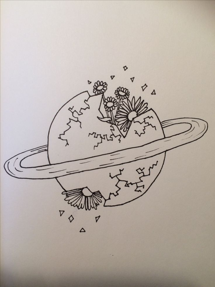 a drawing of saturn with flowers and stars on it's side in black ink