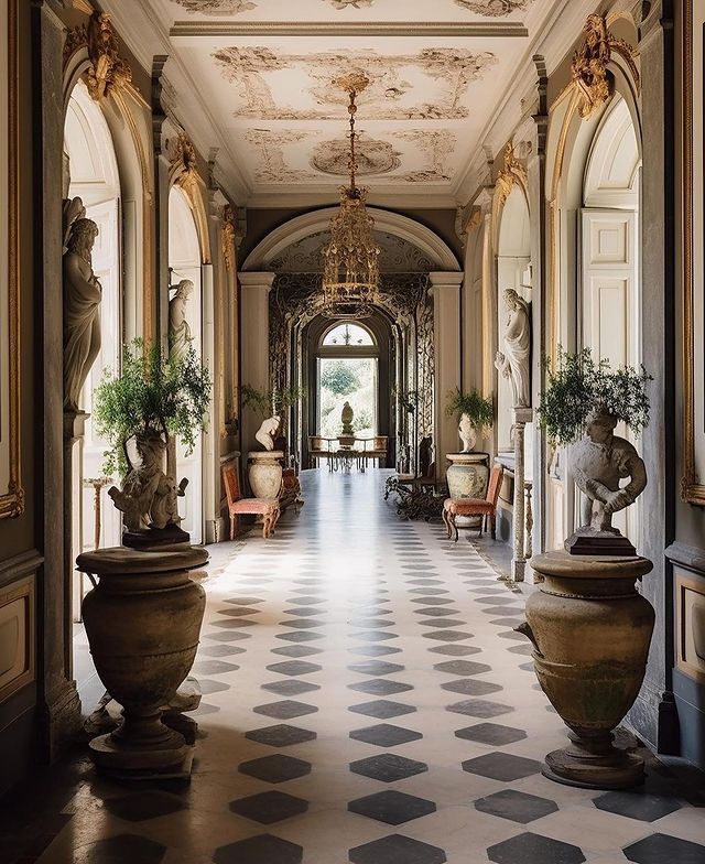 an ornate hallway with two large urns on either side