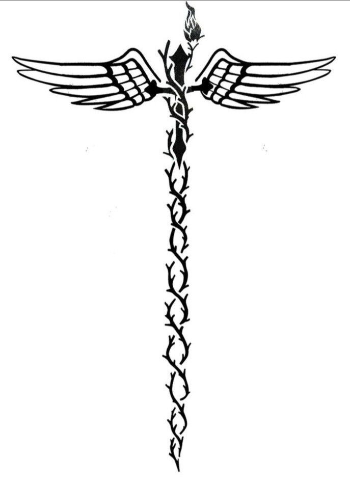 a black and white drawing of a cross with wings