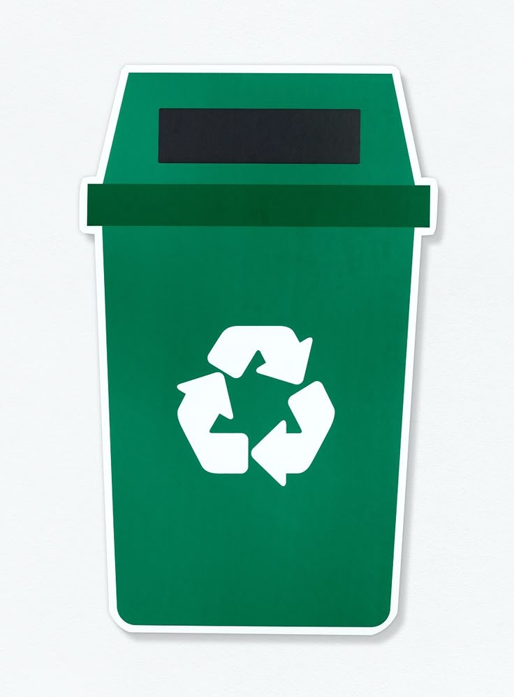 a green recyclable trash can with white arrows