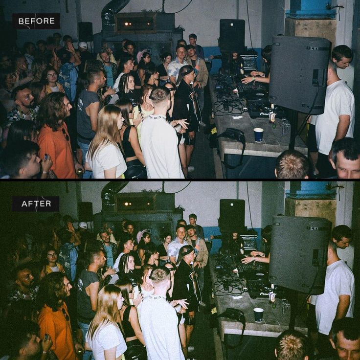 two pictures side by side showing people in a room with dj equipment and sound equipment