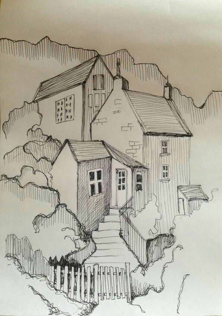 a drawing of a house with stairs leading up to it