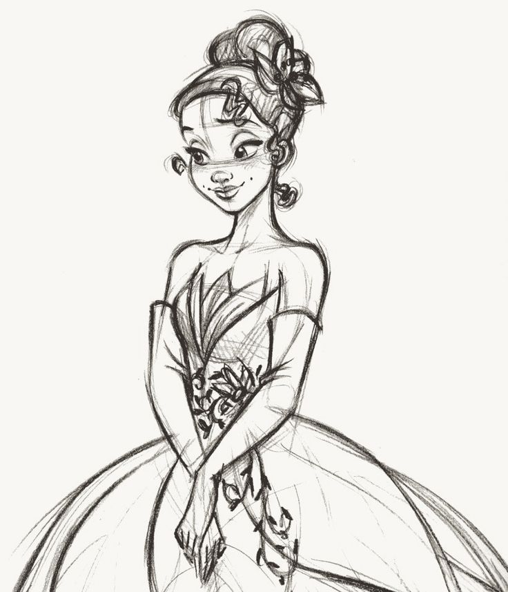 a black and white drawing of a woman in a ball gown