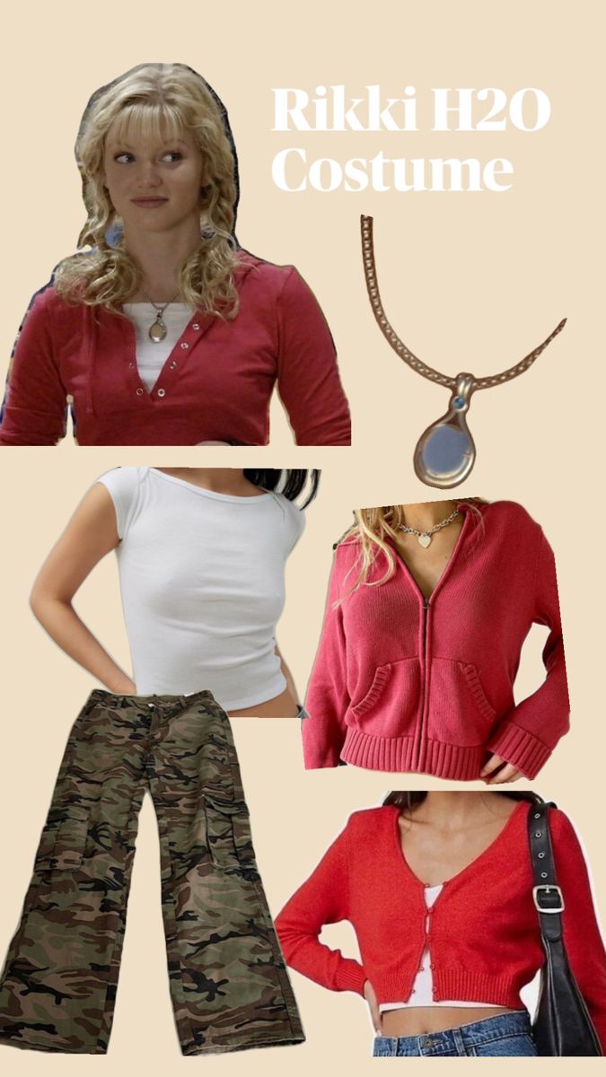 three different pictures of women wearing red and camo pants, white top, and pink cardigan