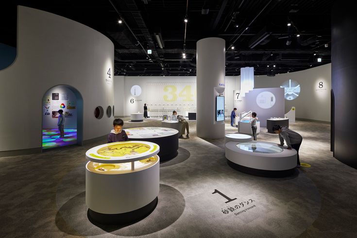 people are looking at art on display in an exhibit room with circular tables and stools