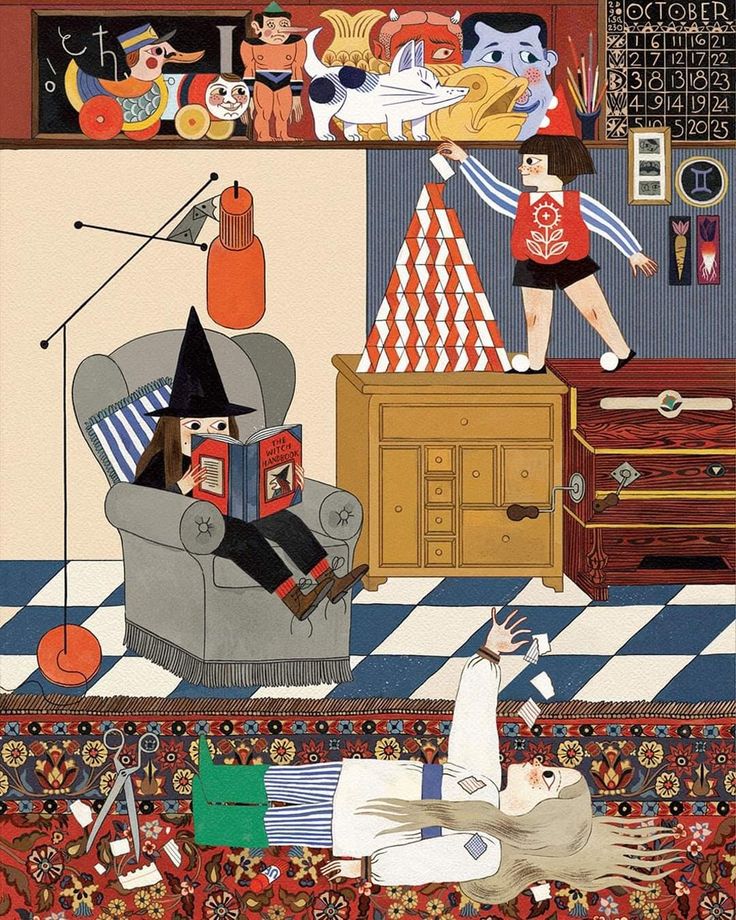 an illustration of a woman sitting on a chair in front of a room filled with toys