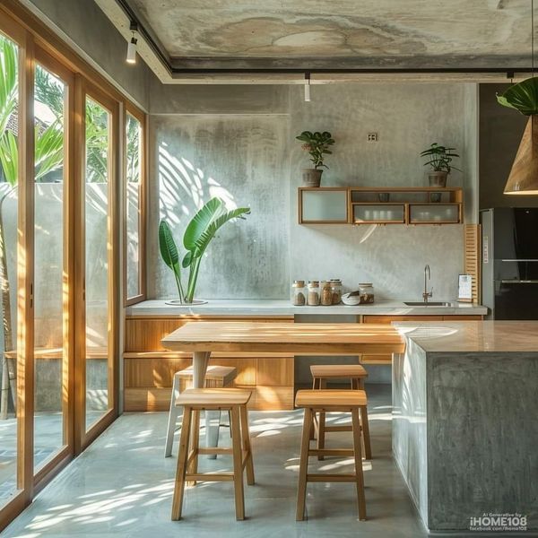 a kitchen with wooden stools next to a counter top and an island in the middle