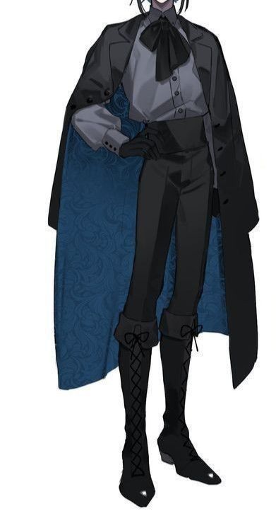 an anime character is dressed in black and grey clothing with a blue cloak over his shoulders