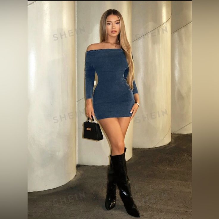 New Long Sleeve Off Shoulder Dress Blue Off-shoulder Mini Dress For Date Night, Casual Mini Length Bodycon Dress For Evening, Casual Mini Bodycon Dress For Evening, Blue Off-shoulder Mini Dress For Night Out, Casual Winter Bodycon Dress For Going Out, Casual Winter Evening Bodycon Dress, Casual Off-shoulder Mini Dress For Going Out, Blue Mini Length Bodycon Dress For Fall, Blue Mini Dresses For Winter