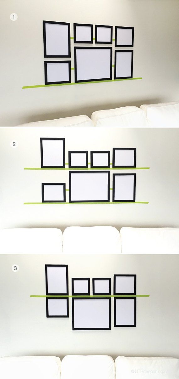 three different frames hanging on the wall with green lines going through them and in between them