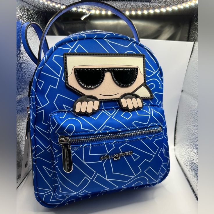 Karl Lagerfeld Amour Small Backpack. Designer Blue Backpack For Everyday Use, Luxury Blue School Bag, Luxury Blue School Backpack, Designer Blue Backpack, Designer Blue Standard Backpack, Blue Backpack With Detachable Strap, Karl Bags, Luxury Blue Backpack Bag, Luxury Blue Backpack