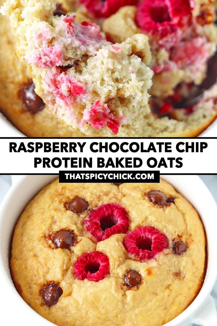 raspberry chocolate chip protein baked oats in a white bowl with text overlay