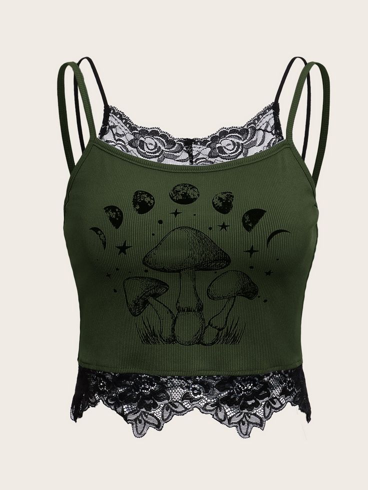 Verde Militar Casual Collar  Tricô de malha Gráfico Suspensório Embellished Elasticidade Média  Roupas Femininas Don’t Judge Me, Romwe Fairycore, Shifting Wardrobe, Fairycore Mushroom, Fairycore Top, Moda Grunge, Mushroom Print, Outfit Styles, Estilo Hippie