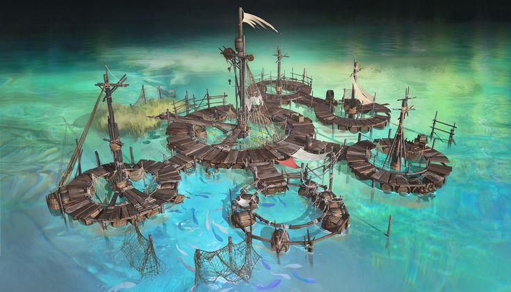 an artist's rendering of a floating city in the ocean with lots of wooden structures