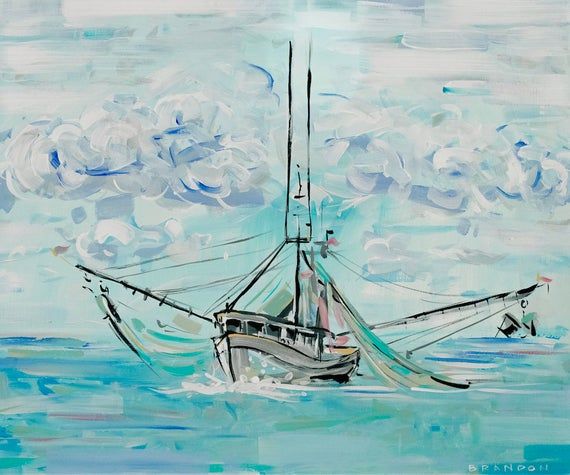 a painting of a fishing boat in the ocean