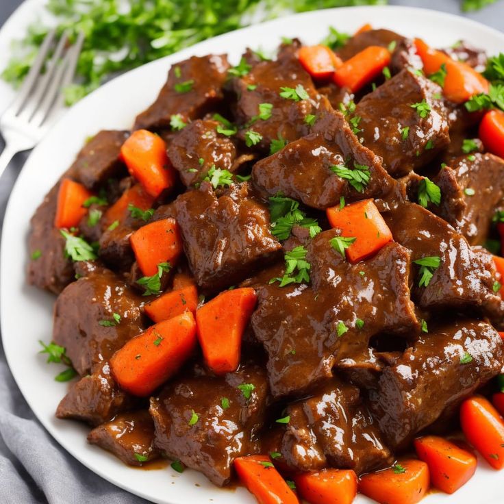 a white plate topped with beef and carrots