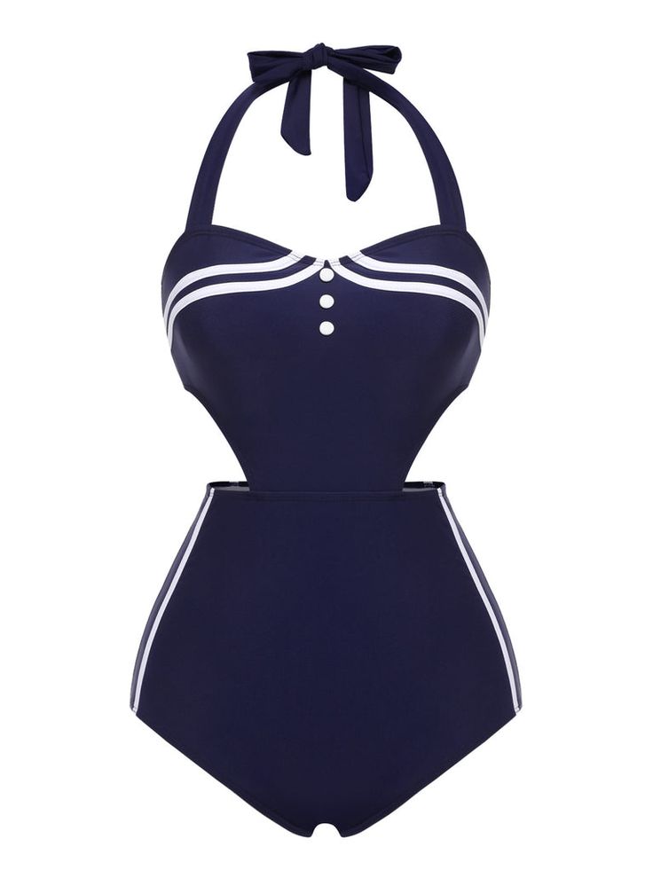 Navy Blue 1930s Halter One-piece Swimsuit – Retro Stage - Chic Vintage Dresses and Accessories Fitted Retro Blue Swimwear, Blue Fitted Retro Swimwear, Retro Fitted Blue Swimwear, Vintage Blue Swimwear For Swimming, Vintage Blue Swimwear For The Beach, Retro Blue Lined Swimwear, 1950s Swimsuit, Retro Stage, Cute One Piece Swimsuits