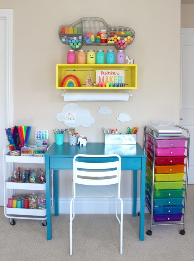 a child's desk with lots of toys on it and shelves above the desk