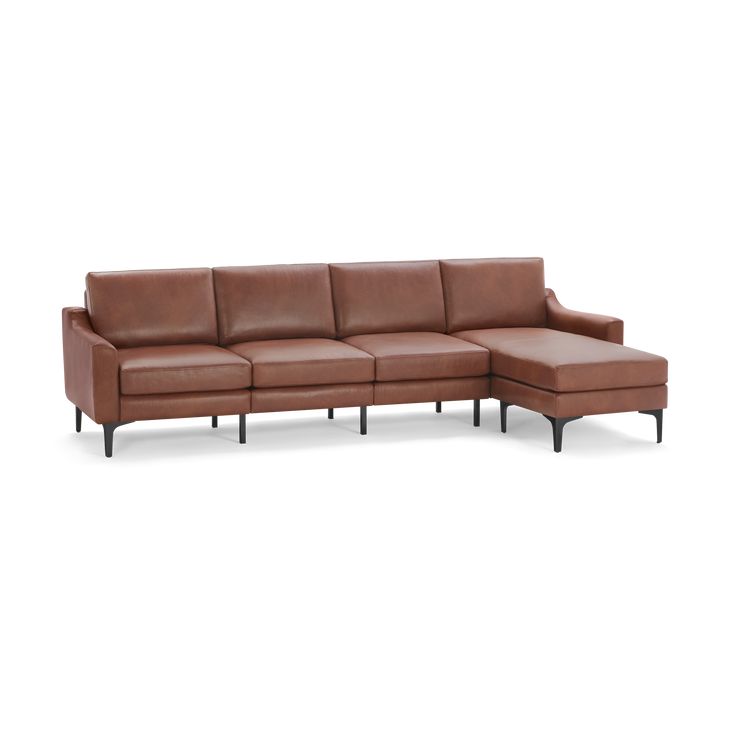 a brown leather sectional sofa with ottoman and footstool on an isolated white background