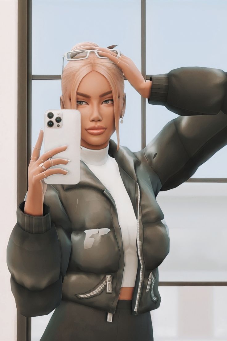 an animated woman taking a selfie with her cell phone