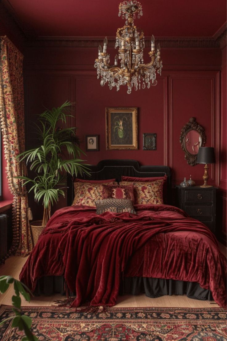 a bedroom with red walls and carpeted flooring has a chandelier hanging from the ceiling