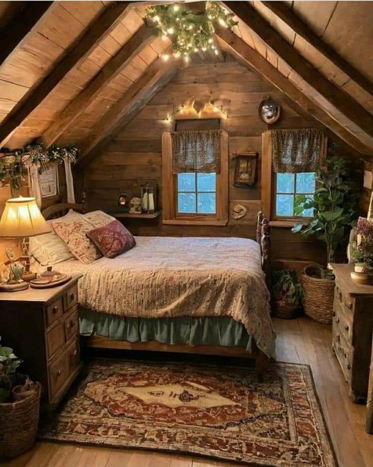 an attic bedroom with wooden walls and ceiling, decorated in rustic style furniture and decor