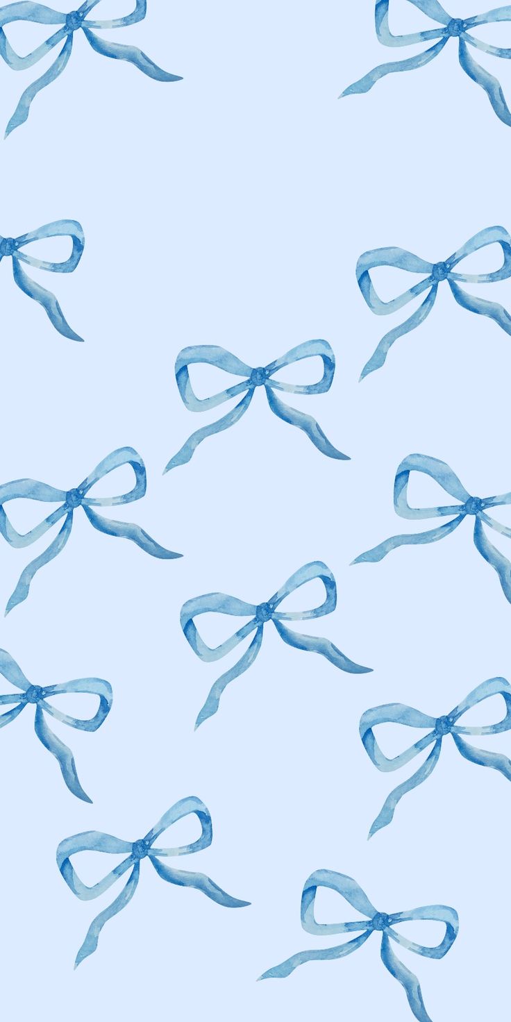 blue bows are flying in the air on a light blue background with white outlines