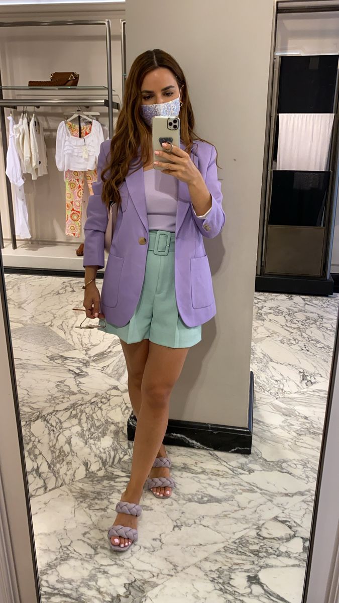 Stylish combination, pastel colors, lilac outfit Lilac Color Block Outfit, Lavender Green Outfit, Lilac Green Outfit, Lavender Women Outfits, Women Pastel Outfit, Pastel Outfits Ideas, Lilac Blazer Outfit Casual, Color Block Blazer Outfit, Purple Spring Outfits