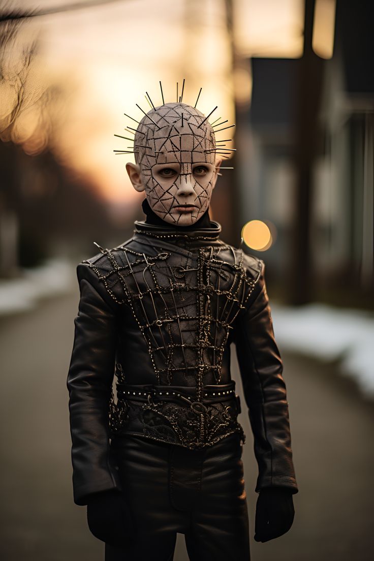 a man in a costume with spikes on his head is walking down the street at sunset