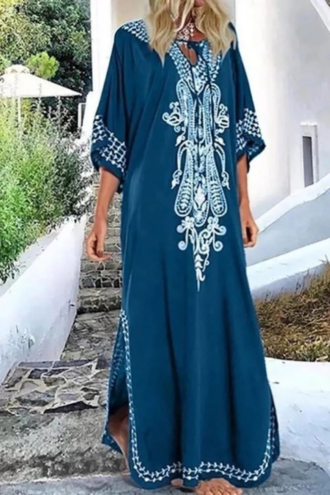 US$ 39.89 - Casual V Neck Embroidery Maxi Dress - www.streetally.com Embroidered V-neck Vacation Dress, Casual Summer Dress With Geometric Embroidery, Casual Embroidered Maxi Dress For Vacation, Casual Maxi Dress With Embroidered Hem, Casual V-neck Maxi Dress With Floral Embroidery, Casual Long Floral Embroidery Dresses, Casual Embroidered Dress With Geometric Patterns For Vacation, Embroidered Short Sleeve Midi Dress For Vacation, Embroidered V-neck Dress For Vacation