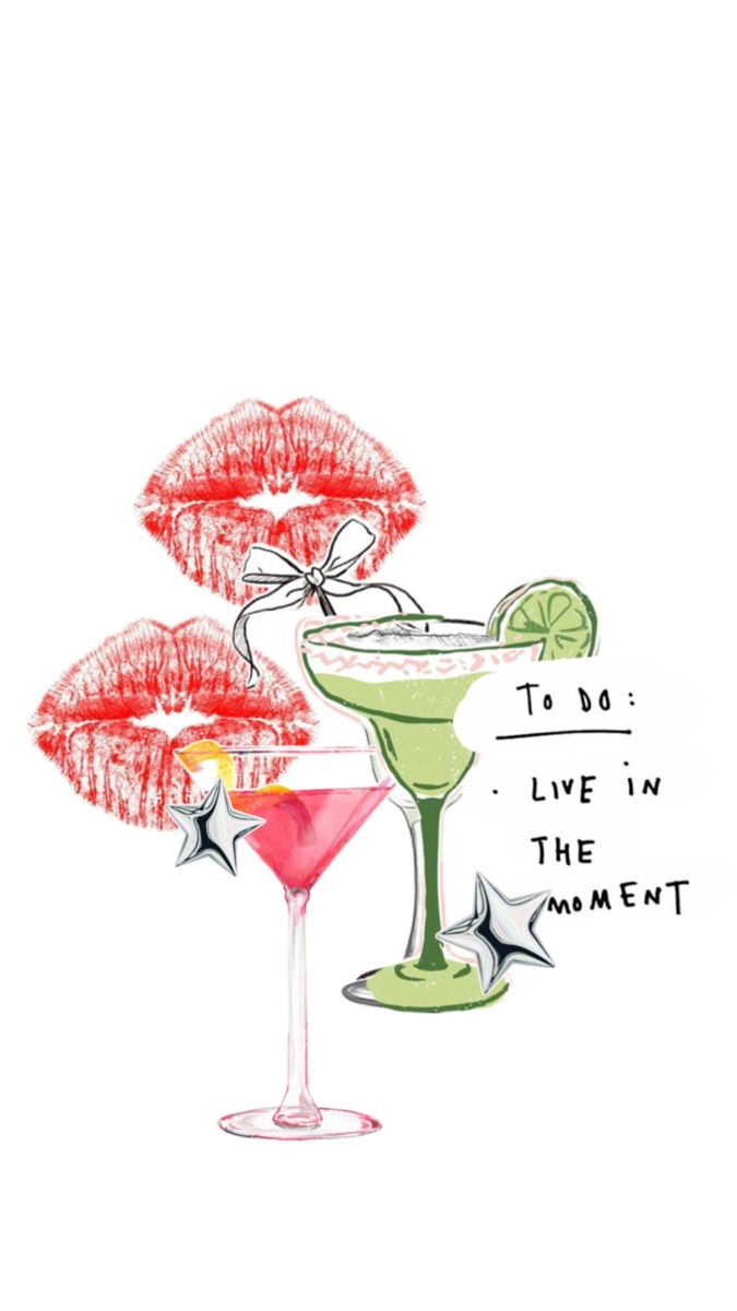 two martinis with umbrellas and the words to do live in the moment