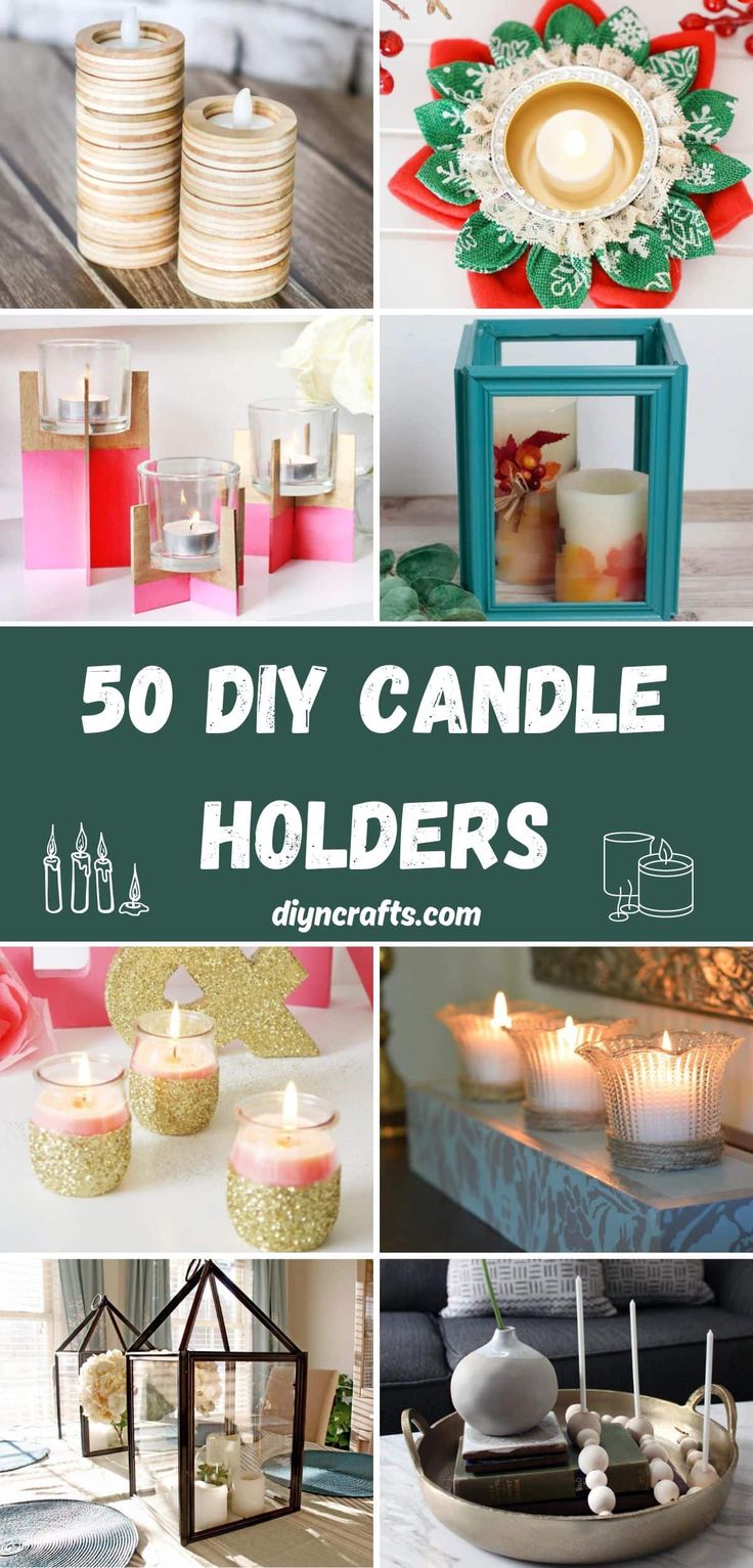 some candles that are sitting on top of each other and the words 50 diy candle holders