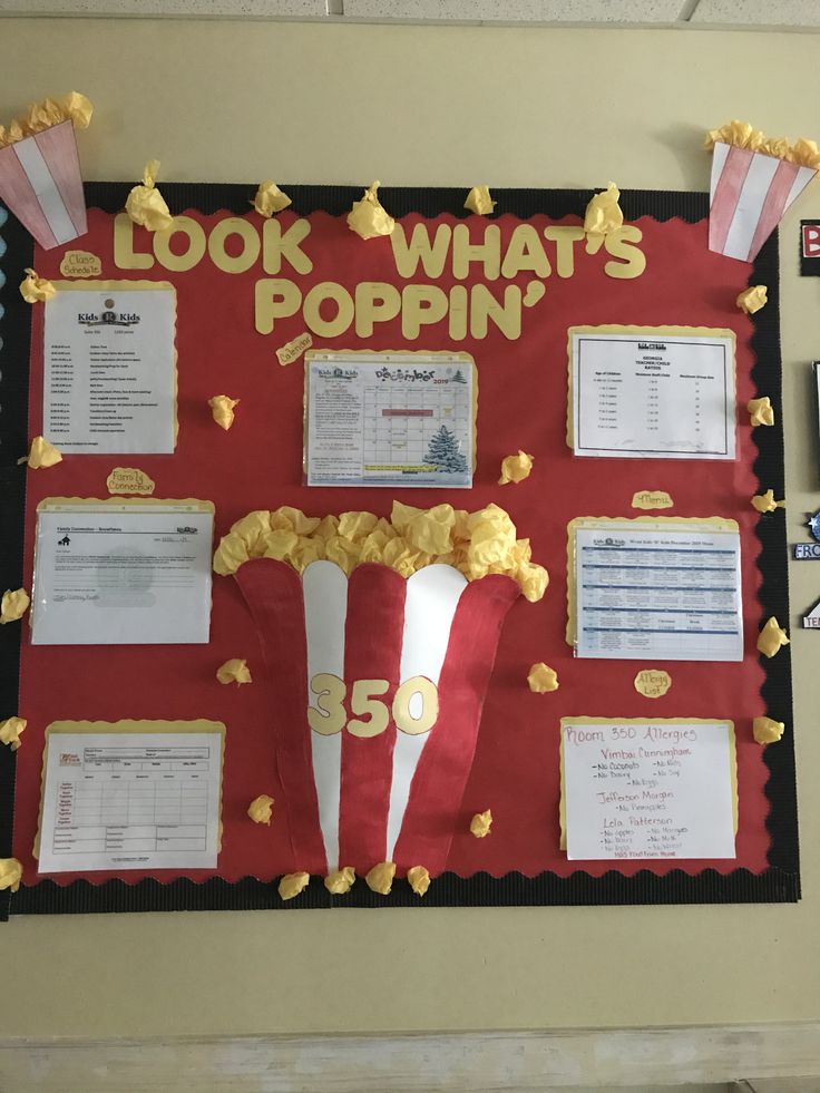 a bulletin board that has popcorn on it