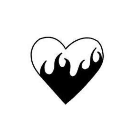 a black and white heart with flames on it