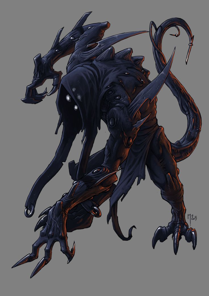 an alien like creature with sharp claws on its back legs and head, standing in front of