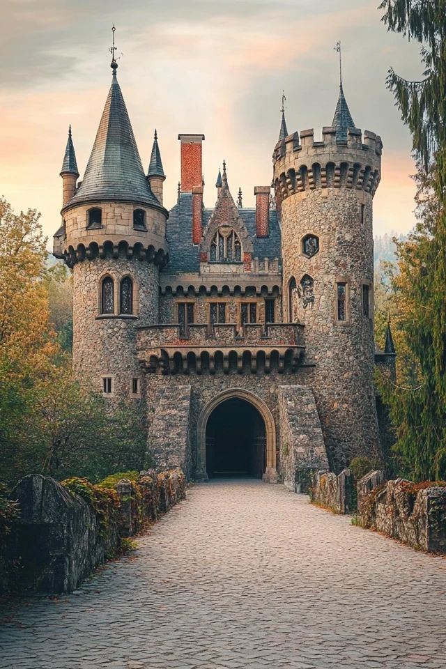 an old castle is shown in the middle of a path that leads to it's entrance