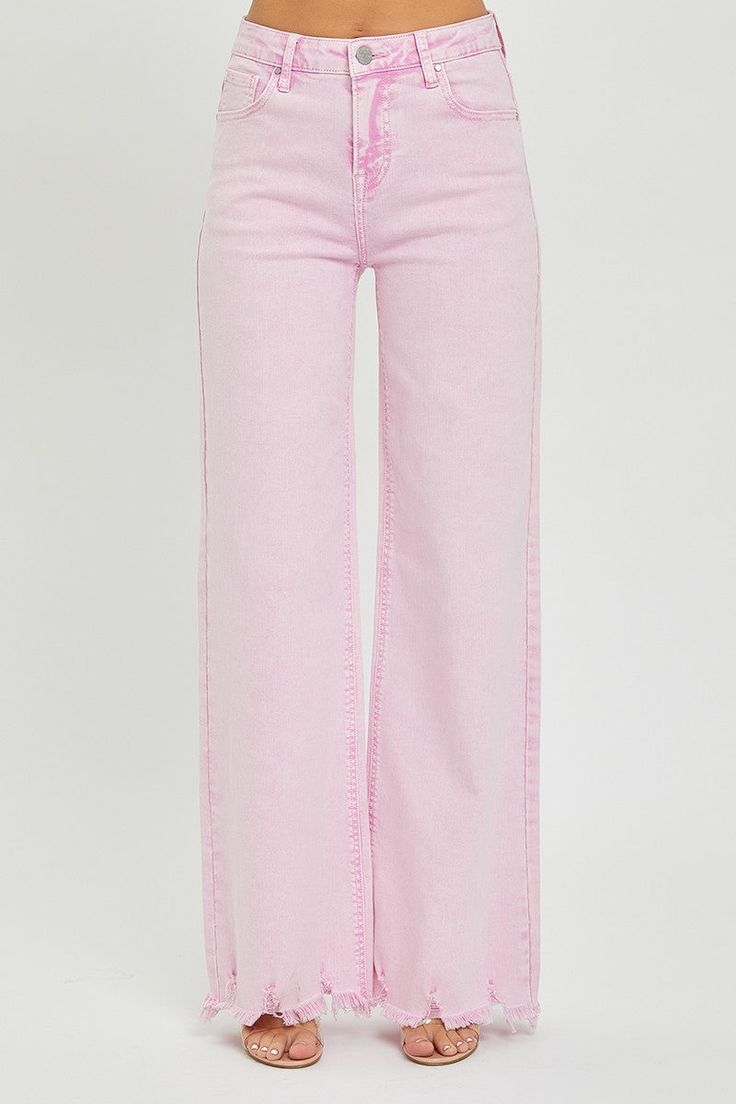 Pink Acid Wash High Rise Wide Leg Jeans: Fabric Contents: 98%cotton, 2%spandex - Rise 10" | Inseam 32'5" in size 3/26 - Model Info: Height 5'8" | Waist 24" | Hips 34" Colored Jeans 2024, Pink Jeans Outfit, Risen Jeans, School Jeans, Boho Jeans, High Rise Wide Leg Jeans, Jean Large, Pink Shade, Pink Jeans