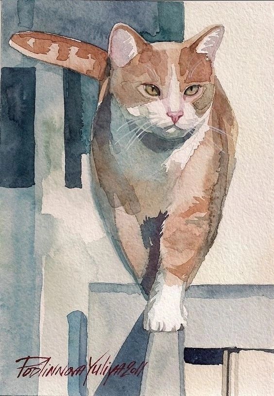 a watercolor painting of a cat sitting on top of a table