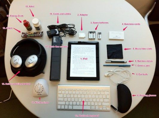 the contents of a tablet computer sitting on top of a white table next to a keyboard and mouse