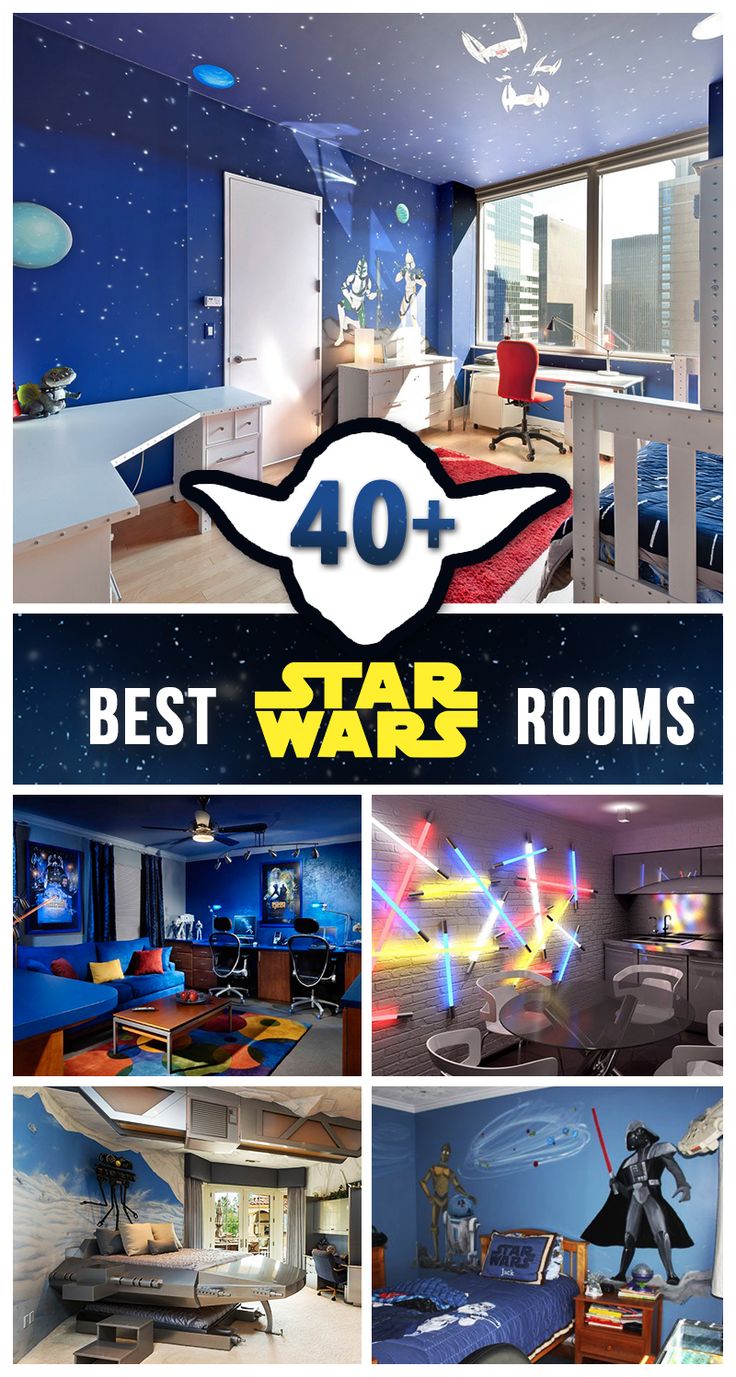 the star wars bedroom is decorated in blue and white, with lights on it's ceiling