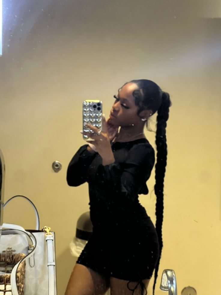 Long braided pony | ponytails | soft styles One Big Braid Ponytail For Black Women, Pony Tail Braid For Black Women, Mid Ponytail Braid, Mid High Braided Ponytail, Braided Long Ponytail, No Part Braided Ponytail, Long Slick Back Braided Ponytail, Ponitalli Hairstyle Braid, Braided Pony Hairstyles